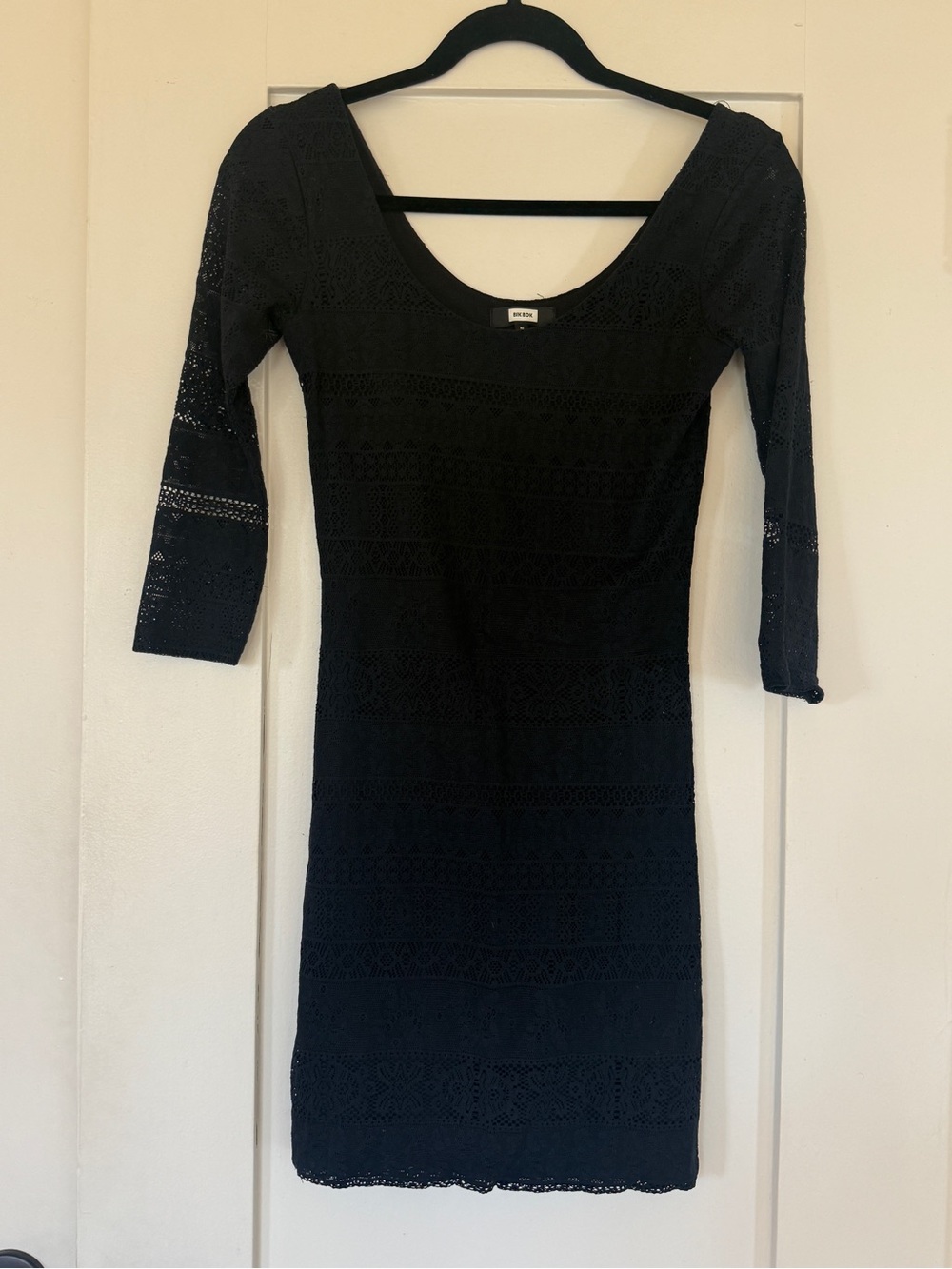 Black Lace Scoop-Neck Mini Dress with Three-Quarter Sleeves